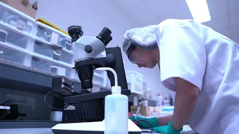 Young asian scientist looking through a microscope in a laboratory Stock Footage 196964142