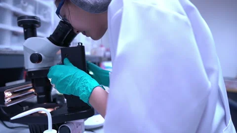 Young asian scientist looking through a microscope in a laboratory Stock Footage 196964722