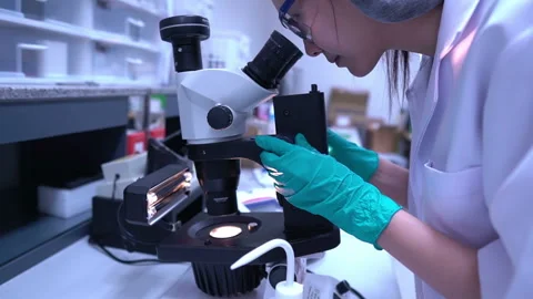 Young asian scientist looking through a microscope in a laboratory Stock Footage 196964775