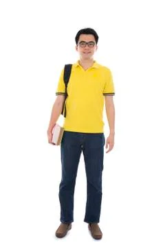 Young asian student using pad pc isolated on white background. Stock Photos