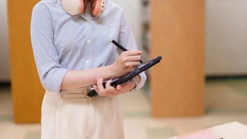 Young Asian Student Using Tablet and Stylus Pen for Digital Learning in Mod.. Foto stock