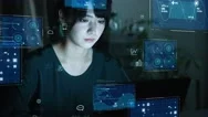 Young Asian Woman Watching Hologram Screens. Graphical User Interface. Stock Footage
