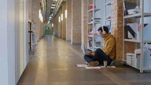 Young Asian Worker Using on Laptop on Floor in Hallway Vidéo 126133559