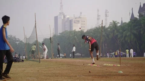 Young aspiring cricket players practicing in a training academy, Mumbai Stock Footage 326755922