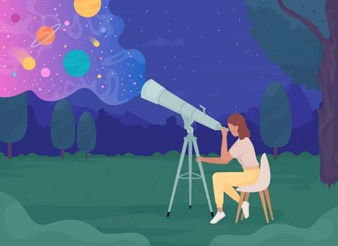 Young astronomer with telescope looking at celestial bodies vector illustrati Illustrazione stock