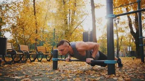 Young athlete does push up exercise wide chest Stock Footage 96771650