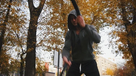 Young athlete doing exercise with battle ropes Stock Footage 96771418