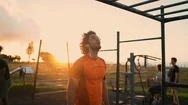 Young Athlete Man Doing Pull Ups Exercises On Horizontal Bar At Sports Stock Footage