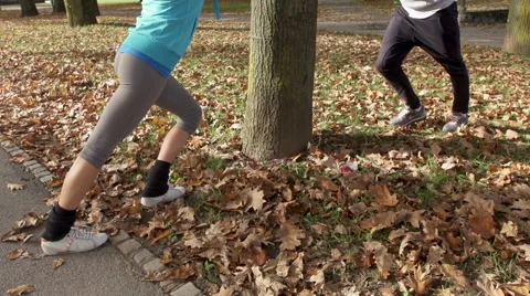 Young Athletic Couple Warms-Up In The Autumn Colored Park Stock Footage 42159805