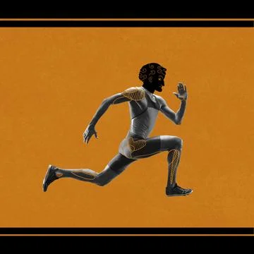 Young athletic man, runner with ancient drawn head, athlete in motion, running Stock Photos