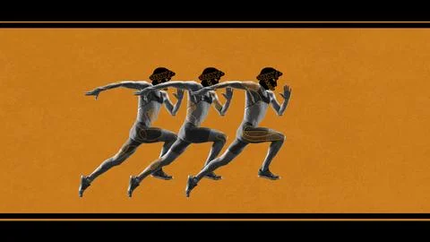 Young athletic man, runner with ancient drawn head, athlete in motion, running Stock Photos