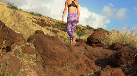Young Athletic Woman Running on Mountain Trail. Sunset Workout in Nature. Stock Footage 59016280