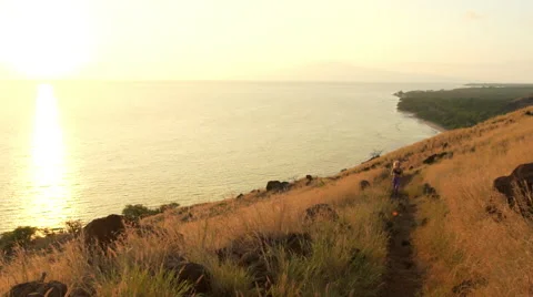 Young Athletic Woman Running on Mountain Trail. POV Follow Cam. Sunset Workou Stock Footage 59040186
