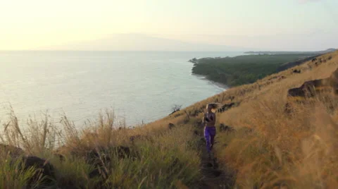 Young Athletic Woman Running on Mountain Trail. POV Follow Cam. Sunset Workou Stock Footage 59041280