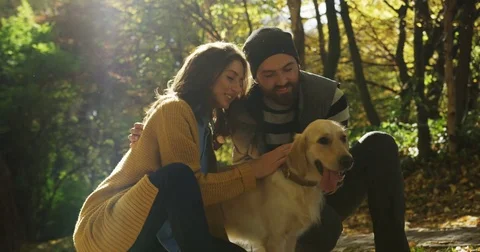 Young attractive romantic couple hugging and caressing their cute labrador in Stock Footage 82512077