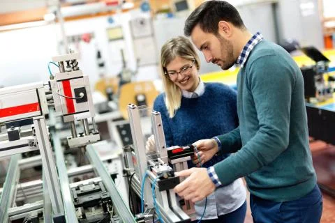 Young attractive students of mechatronics working on project 스톡 사진