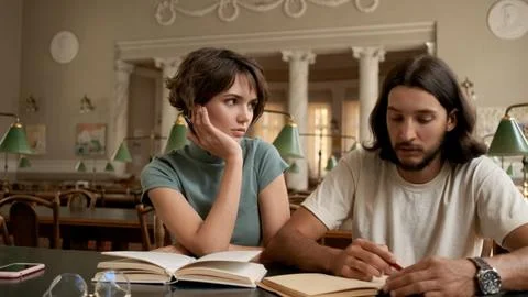 Young attractive students thoughtfully doing homework together in college Stock Photos