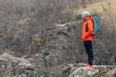 Young Backpacker enjoying of Nature. Stock Photos