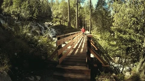 Young backpacker goes to the bridge in alpine forest near the rapid stream Stock Footage 53874150