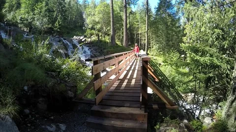 Young backpacker goes to the bridge in alpine forest near the rapid stream Stock Footage 53874163