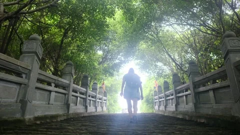 A young backpacker woman with camera exploring a temple in Asia Stock Footage 248514049