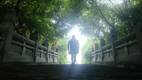 A young backpacker woman with camera exploring a temple in Asia Stock Footage 248514050