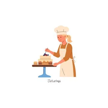 Young baker expertly adds final touches to a decadent cake with precision a.. Stock Illustration