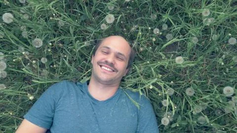 A young balding man lying on the grass with dandelions and smiles Stock Illustration