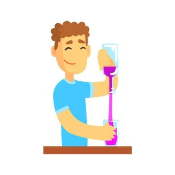 Young bartender man character standing at the bar counter pouring alcoholic Stock Illustration