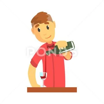 Young bartender man character standing at the bar counter pouring wine ...