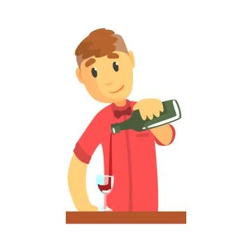 Young bartender man character standing at the bar counter pouring wine, barman Stock-Illustration