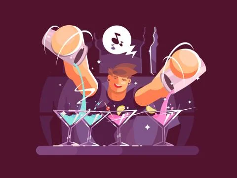 Young bartender pouring drinks Stock Illustration