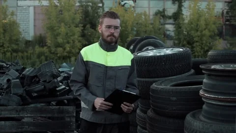 A young bearded auto mechanic in uniform and holding a notebook in his hands is Stockbeeldmateriaal 137598684