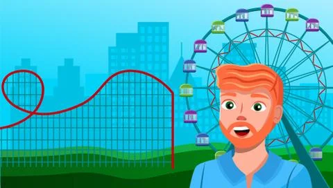 Young bearded guy smiling at ferris wheel amusement park background, vector Ilustración de archivo