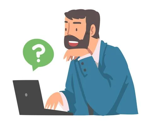 Young Bearded Man Character Asking Question Using Internet Search System on His Stock Illustration