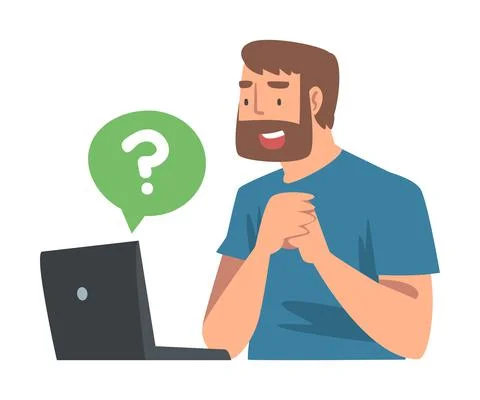 Young Bearded Man Character Asking Question Using Internet Search System on His Stock Illustration