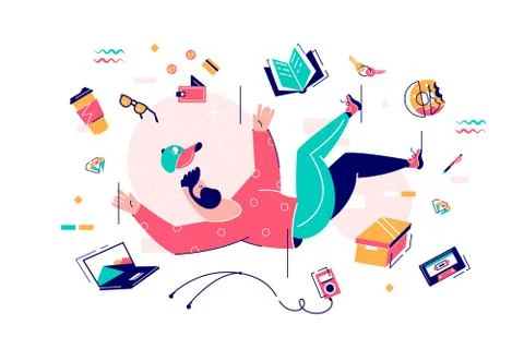 Young bearded man fall in bustle with food, device and book. Stock Illustration
