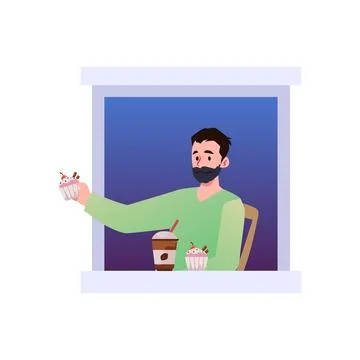 Young bearded man in open house window, vector neighbourhood cartoon male Ilustración de archivo