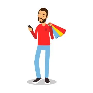 Young bearded man in red pullover standing with shopping bags and holding mobile Stock Illustration