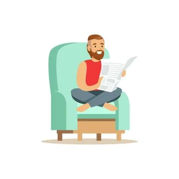 Young bearded man sitting on a light blue armchair and reading a newspaper, man Stock Illustration