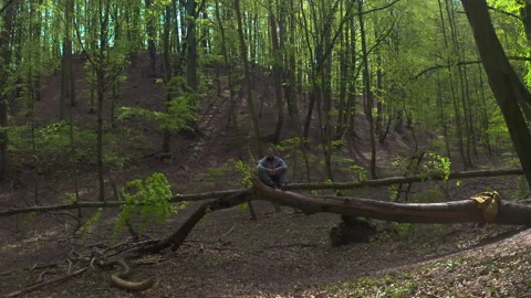 Young Bearded Man Sitting on Tree Branch and Putting on Protective Face Mask Stock Footage 130762379