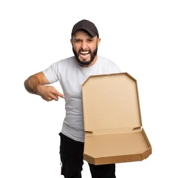 Young bearded man smiling while posing with pizza box 写真素材