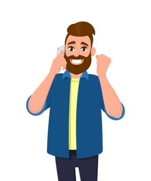 Young bearded man is speaking on the cell phone and gesture success sign. Stock Illustration