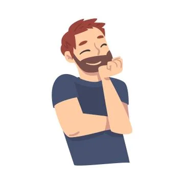 Young Bearded Man Thinking up an Idea with Happy Facial Expression and Closed Illustrazione stock