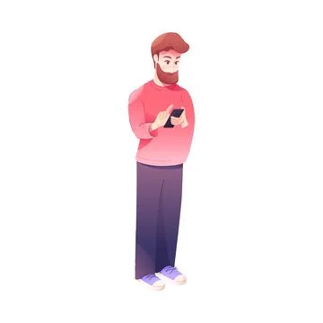 Young Bearded Man Using Smartphone as Mobile Device Vector Illustration イラスト素材