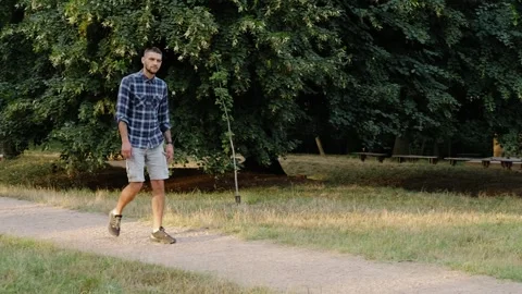 Young bearded man walks alone along a park path on a bright early morning. The Stock Footage 343878798