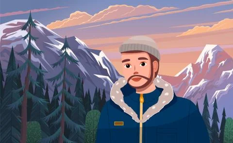 Young bearded man wearing jacket and warm hat at background of mountains view Stock Illustration