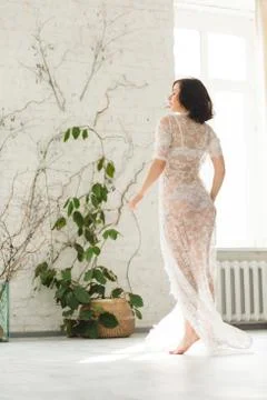 Young beautiful bride dancing near the big window Stock Photos