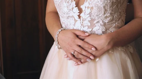 Young beautiful bride dresses wedding dress 스톡 동영상 105683791