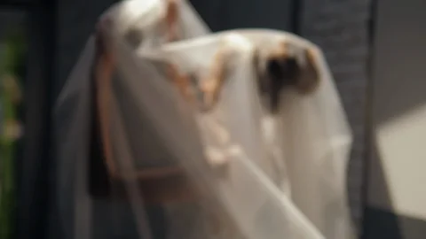 Young beautiful bride under the white wedding veil in blur.  Wedding morning. Stock Footage 128448168
